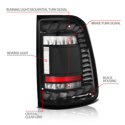 ANZO 19-24 RAM 1500 Factory LED Full LED Tail Lights SeqSig Black Pair (311481A)