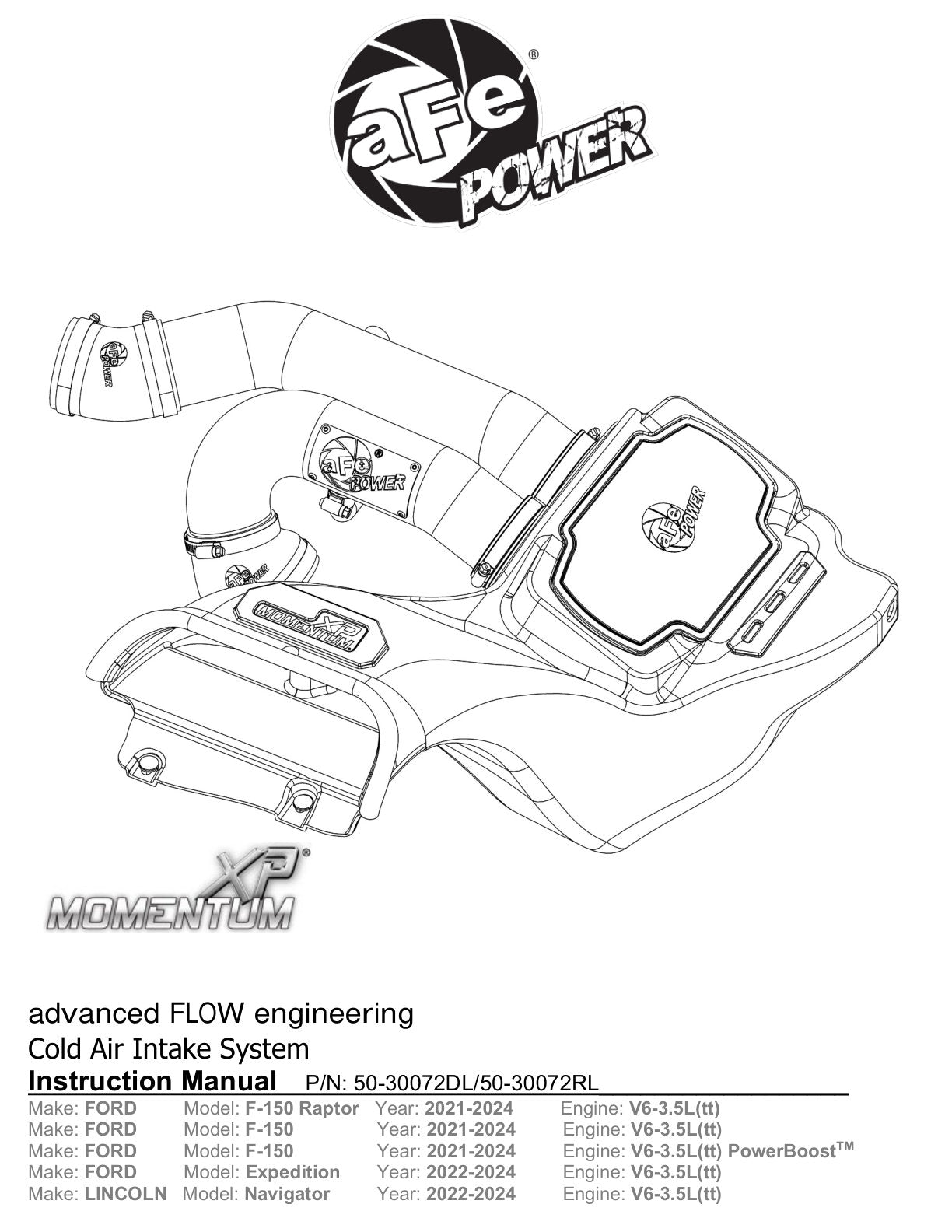 aFe Momentum XP Cold Air Intake w/Pro 5R Filter | Ford F-150 Raptor V6 3.5L (21-22) (50-30072RL)