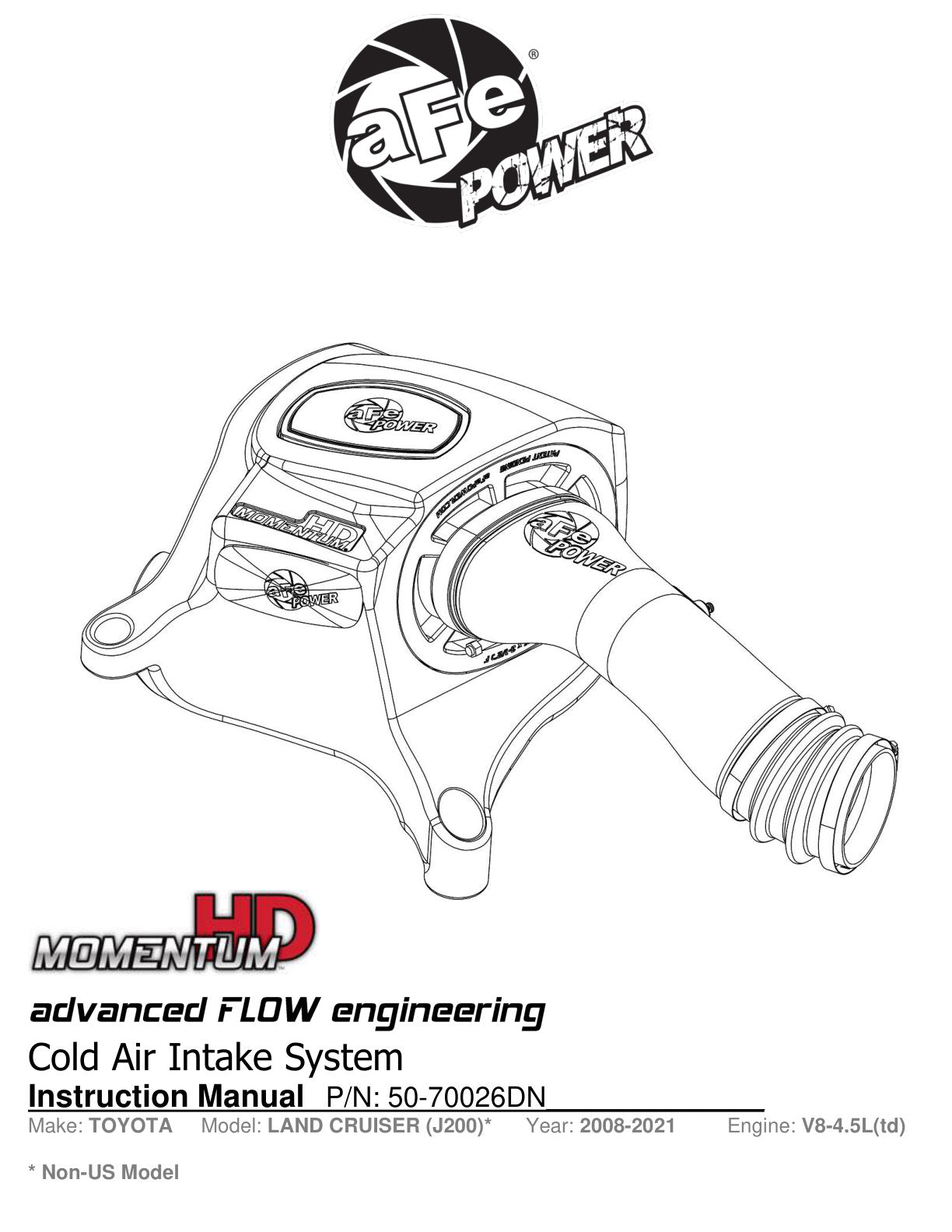 aFe Power 50-70026DN Cold Air Intake for 08-21 Toyota Land Cruiser J200 4.5L V8