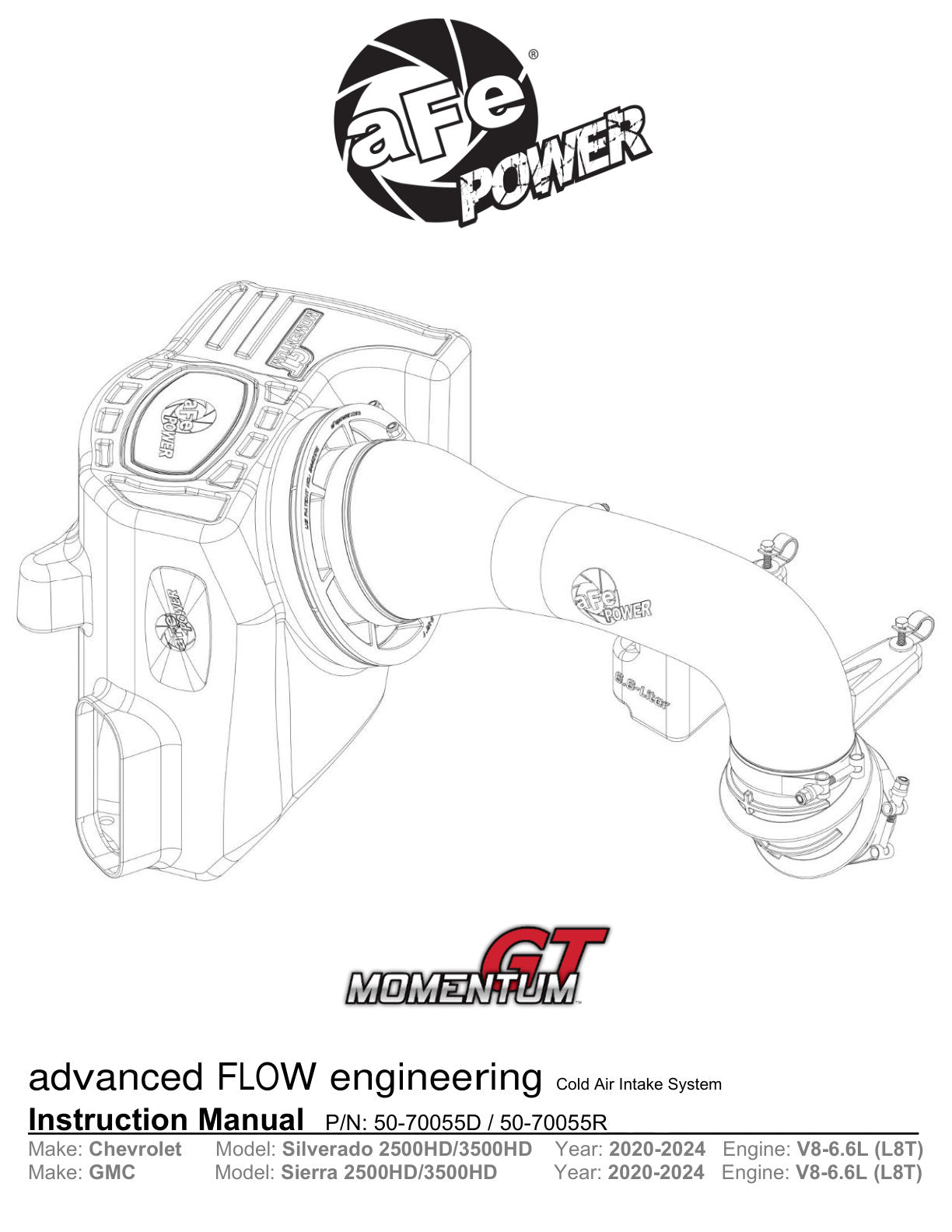 aFe Momentum Cold Air Intake w/ Pro Dry S Filter | GM 2500/3500HD V8 6.6L (20) (50-70055D)