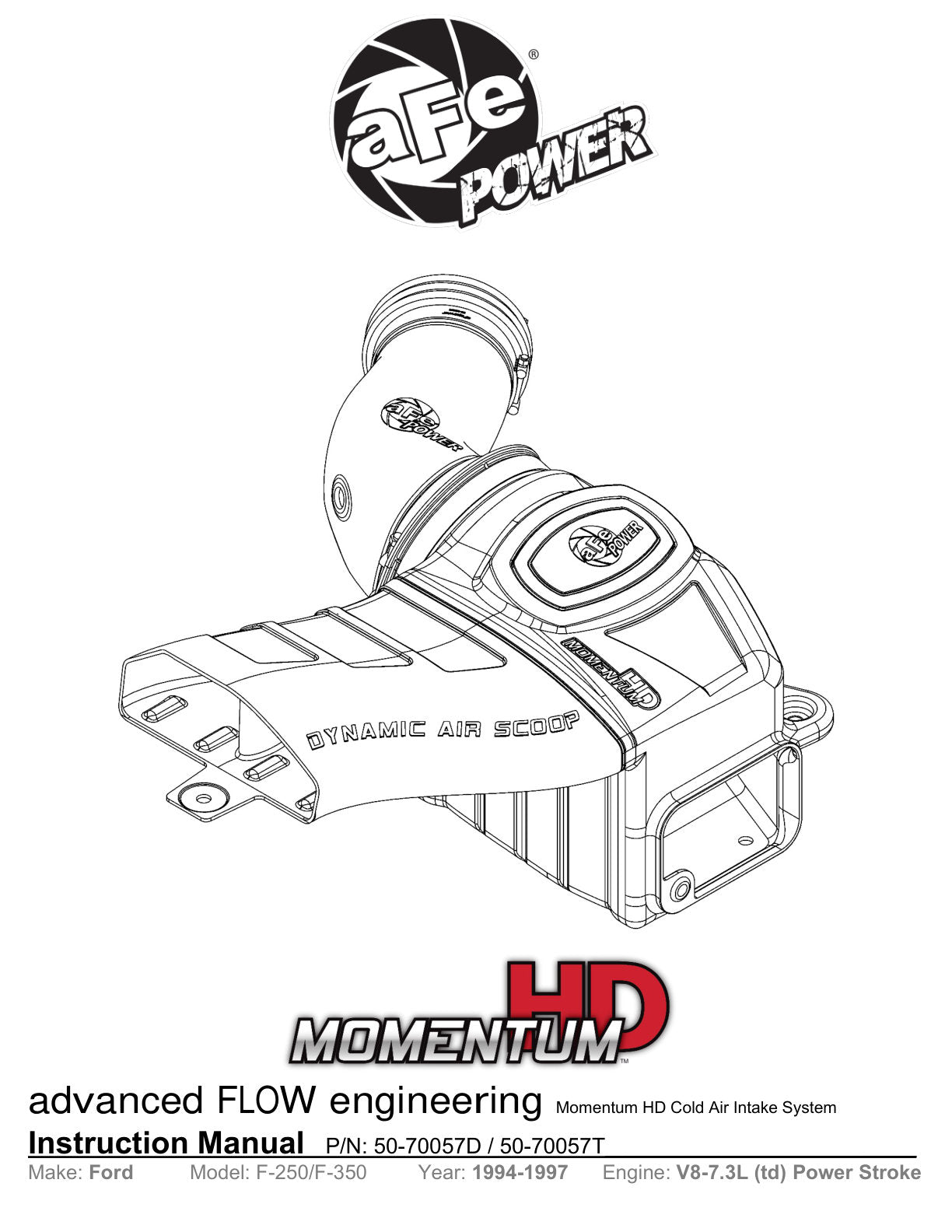 aFe Momentum HD Cold Air Intake w/ Pro Dry S Media | Ford Powerstroke 7.3L (94-97) (50-70057D)
