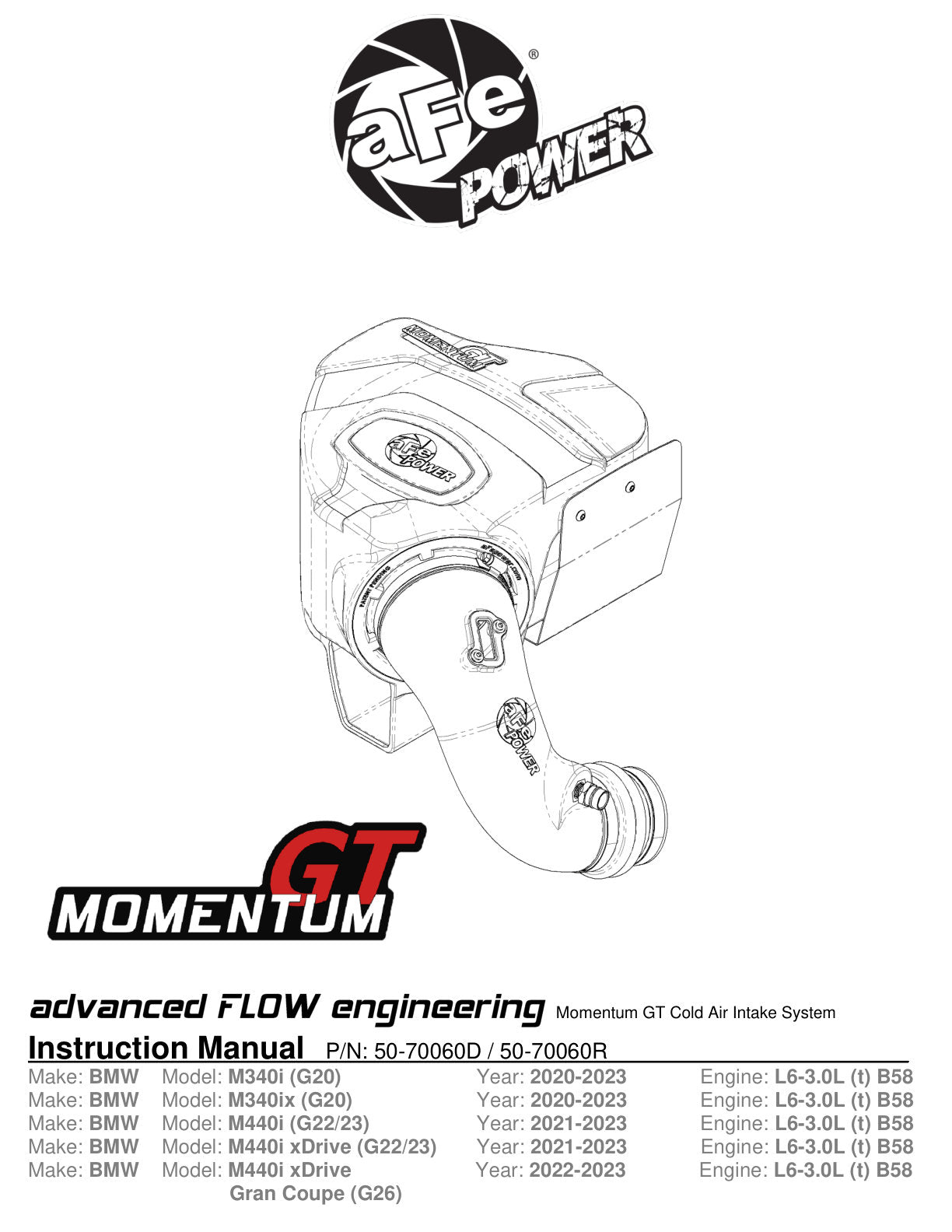 aFe Momentum GT Cold Air Intake w/ Pro 5R Filter | BMW M340i (G20) 3.0L L6 (20-21) (50-70060R)