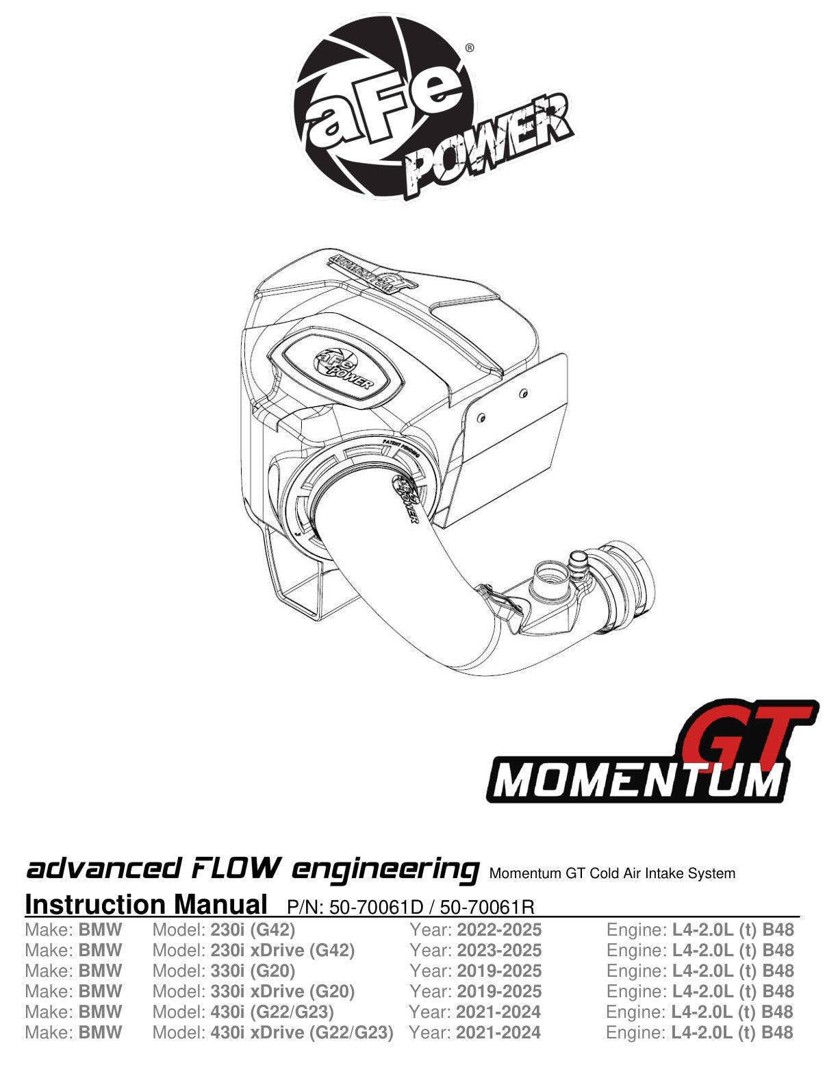 aFe Momentum GT Cold Air Intake System | BMW 330i B46/B48 (50-70061D)