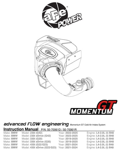 aFe Momentum GT Cold Air Intake System | BMW 330i B46/B48 (50-70061D)