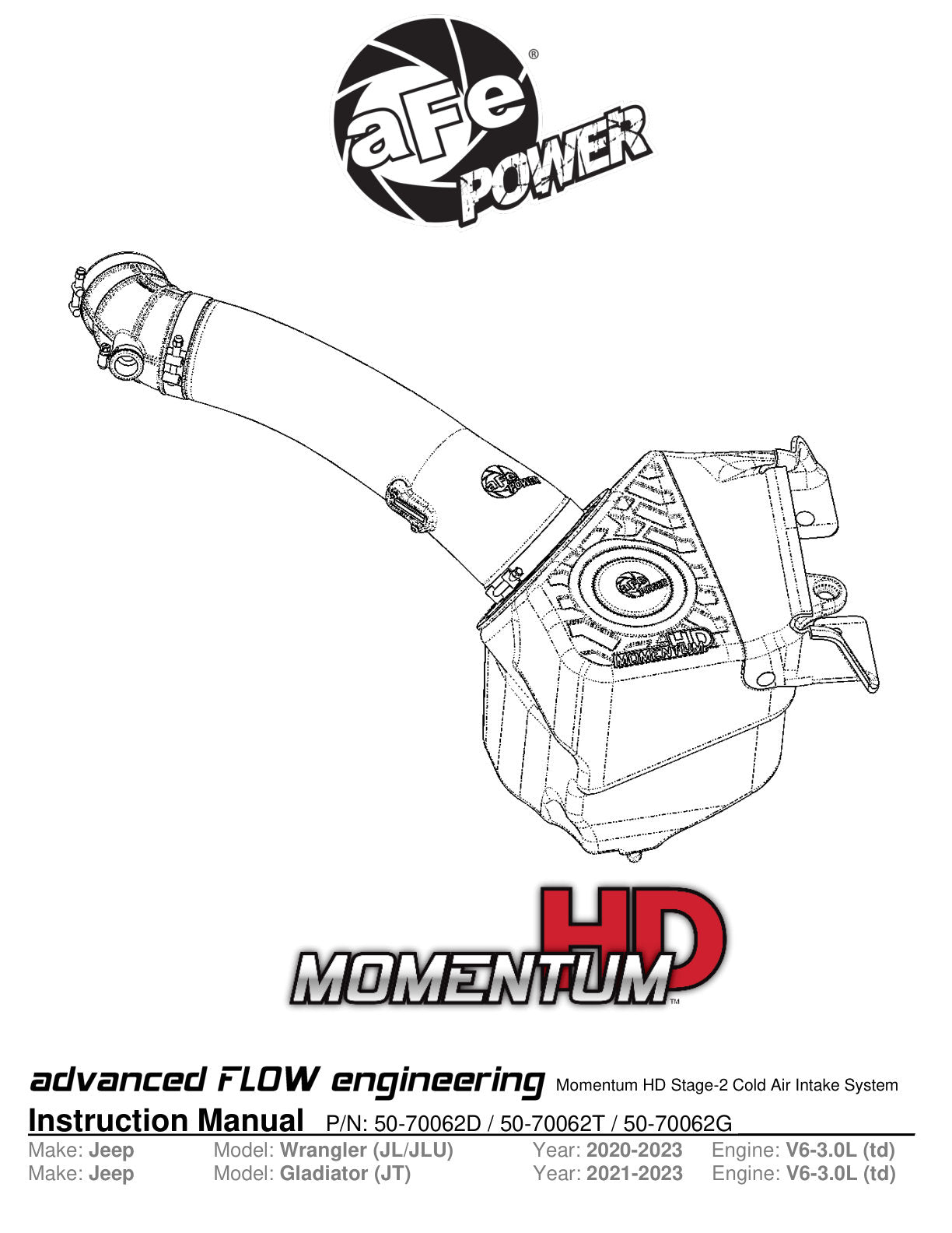aFe Momentum HD Cold Air Intake w/ Pro GUARD7 | Jeep Wrangler JL V6-3.0L TD (50-70062G)