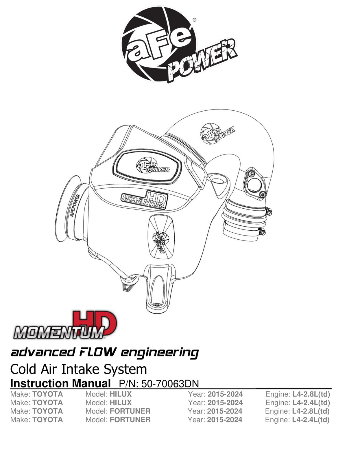 aFe 15-25 Toyota Hilux L4 2.8L (td) Momentum HD Orange Edition Intake w/ Pro DRY S Filter (MOQ 12)
