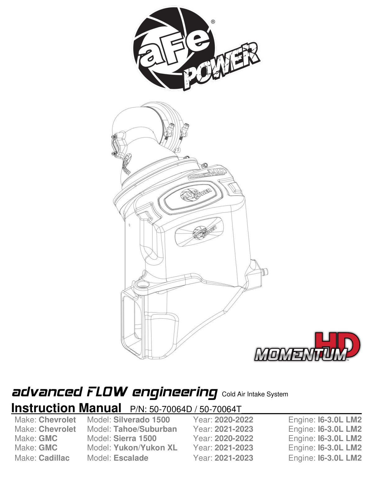 aFe Momentum HD 3.0V6 Diesel CAI | GM Silverado EV/Suburban/Tahoe/Yukon XL (50-70064T)