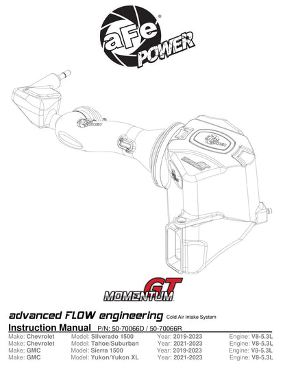 aFe Momentum GT Pro DRY S Cold Air Intake | GM SUV 2019-2021 5.3L V8 (50-70066D)