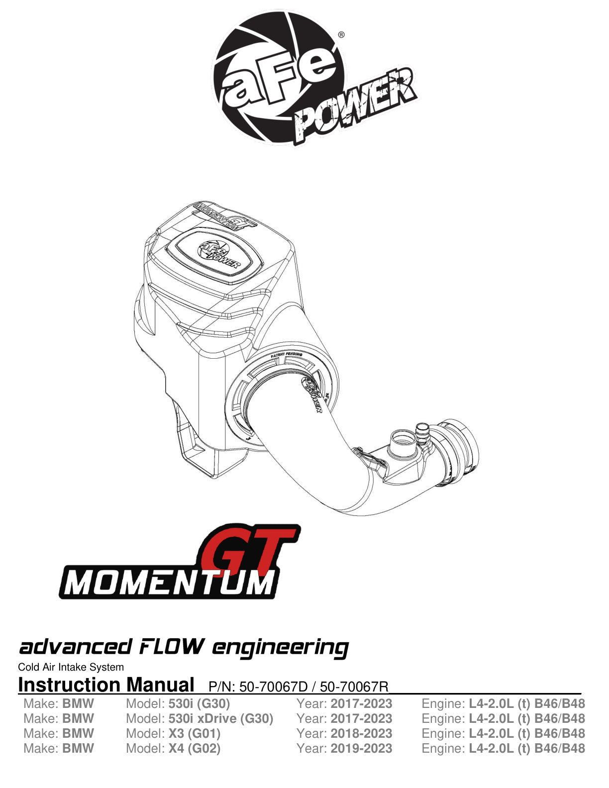 aFe Momentum GT Cold Air Intake w/ Pro 5R Filter | BMW 530 (17-21) (50-70067R)