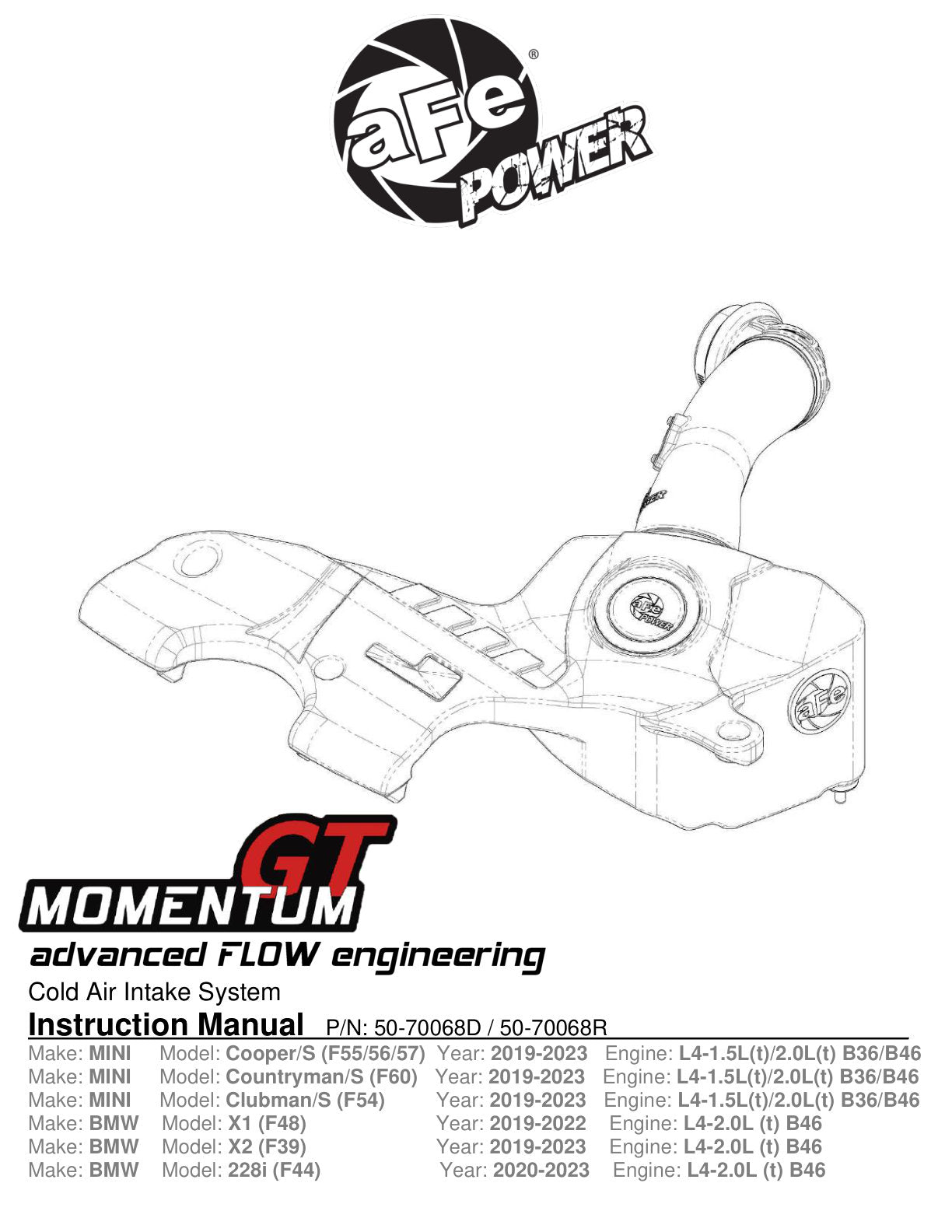 aFe Momentum GT Cold Air Intake System | Mini Cooper S (F56) (19-21) (50-70068D)