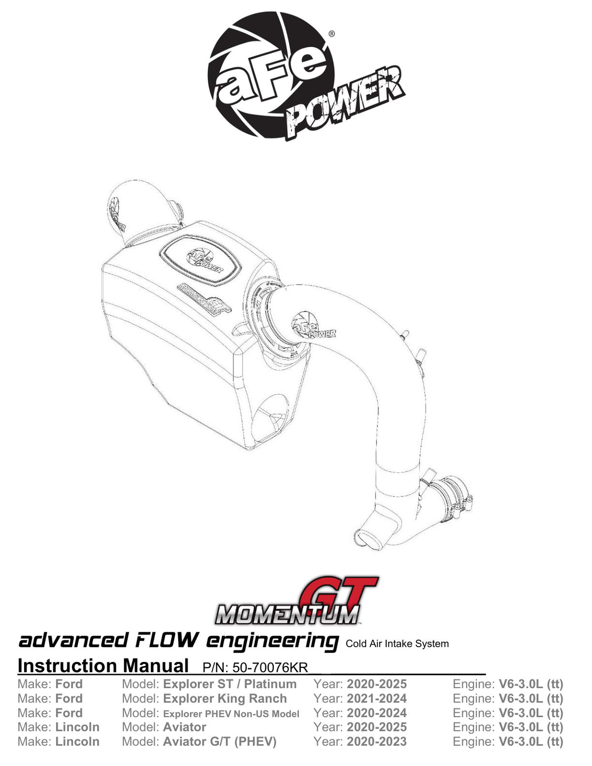 aFe Momentum GT Red Pro Dry S Cold Air Intake | Ford Explorer ST V6-3.0L TT (20-23) (50-70076KR)