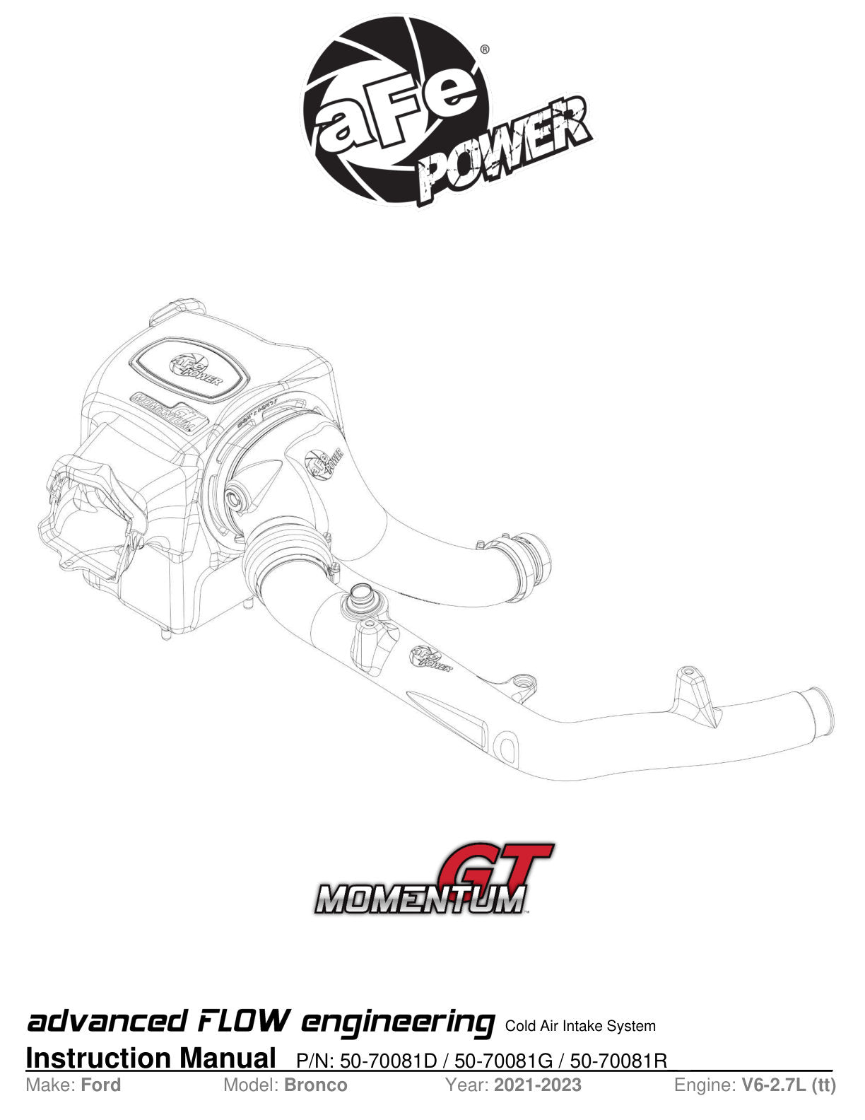 aFe Momentum GT Cold Air Intake w/ Pro GUARD 7 Filter | Ford Bronco V6-2.7TT (21-22) (50-70081G)