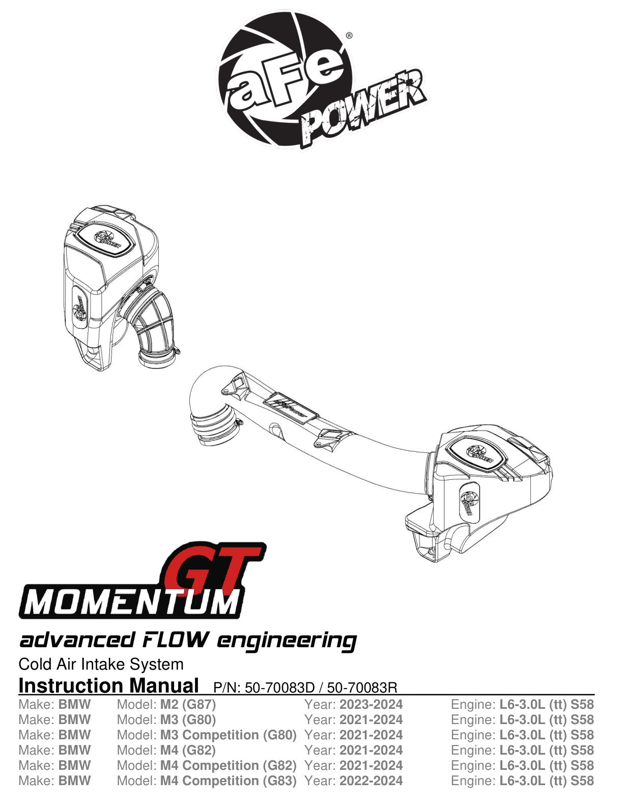 aFe Momentum GT Cold Air Intake System | BMW M3/M4 (G80/82/83) (50-70083R)