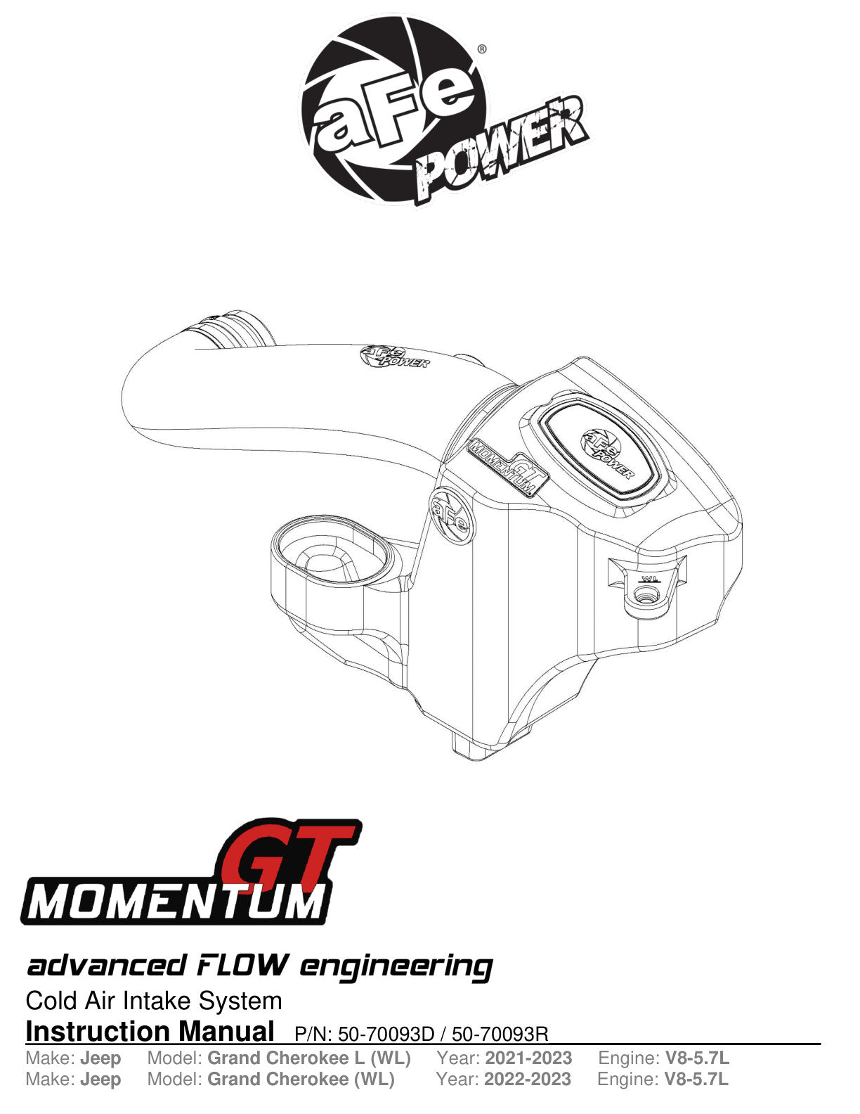 aFe Momentum GT Cold Air Intake w/ Pro 5R Filter | Jeep Grand Cherokee L HEMI V8 5.7L (21-22) (50-70093R)