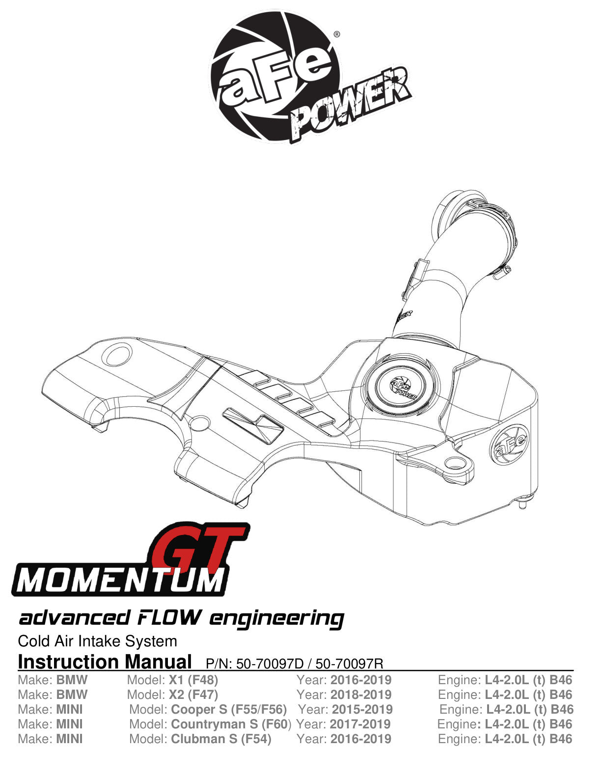 aFe 15-19 MINI Cooper S F55/F56 L4 2.0L Turbo Cold Air Intake w/ Pro 5R Filter (50-70097R)