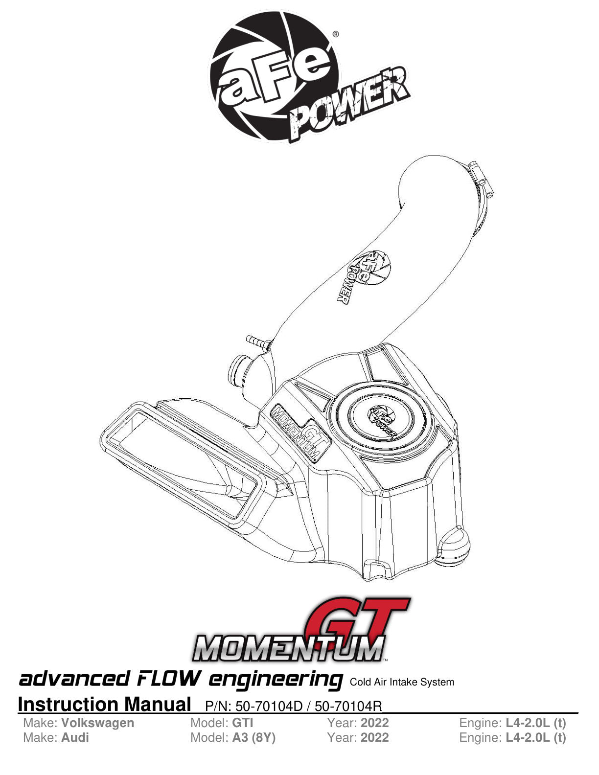 aFe Momentum GT Cold Air Intake w/ Pro 5R Filter | VW GTI MKVIII 2.0L (22) (50-70104R)