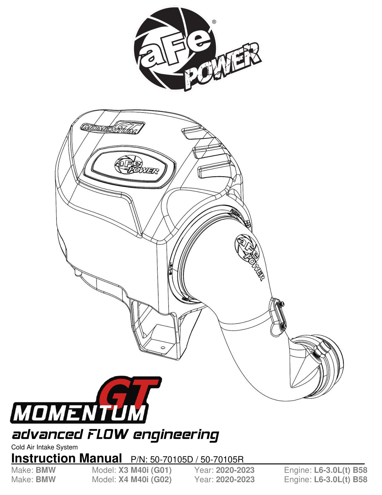 aFe POWER Momentum GT Pro Dry S Intake System | BMW X3/X4 M40i L6-3.0L B58 (20-23) (50-70105D)