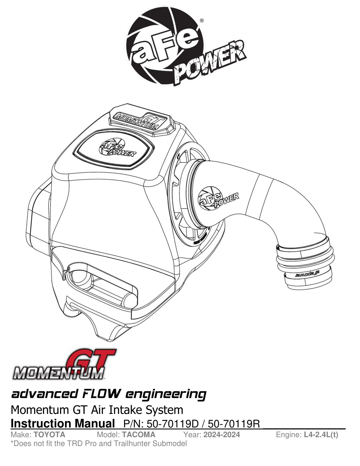 aFe Momentum GT Pro 5R Cold Air Intake System | Toyota Tacoma (24) (50-70119R)