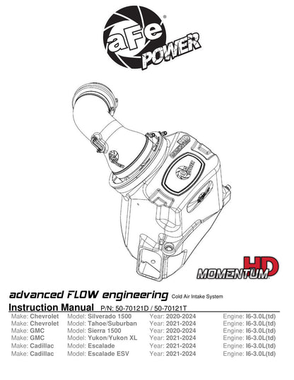 aFe Momentum HD Pro 10R Cold Air Intake | GM Trucks/SUVs L6-3.0L LM2/LZ0 (20-24) (50-70121T)