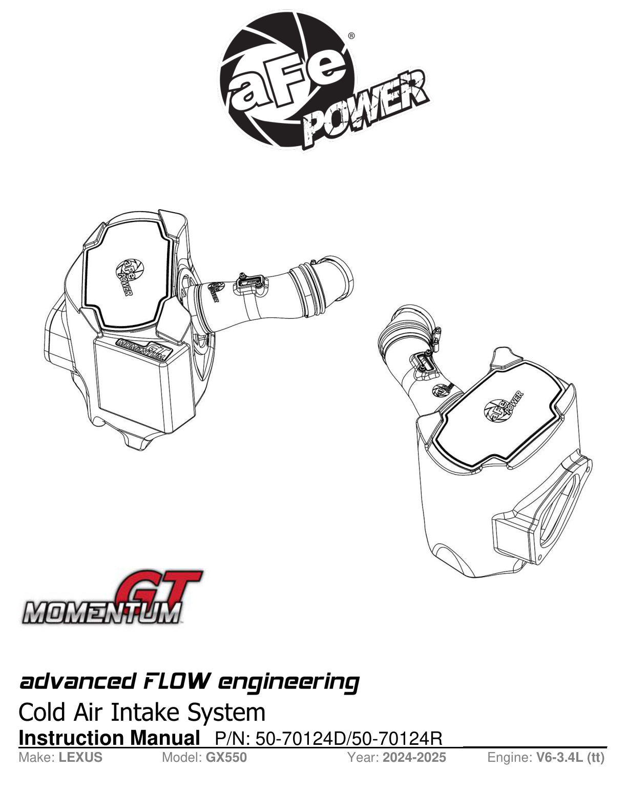 aFe Momentum GT 8" Pro 5R Cold Air Intake | Lexus GX550 V6-3.4L (24-25) (50-70124R)