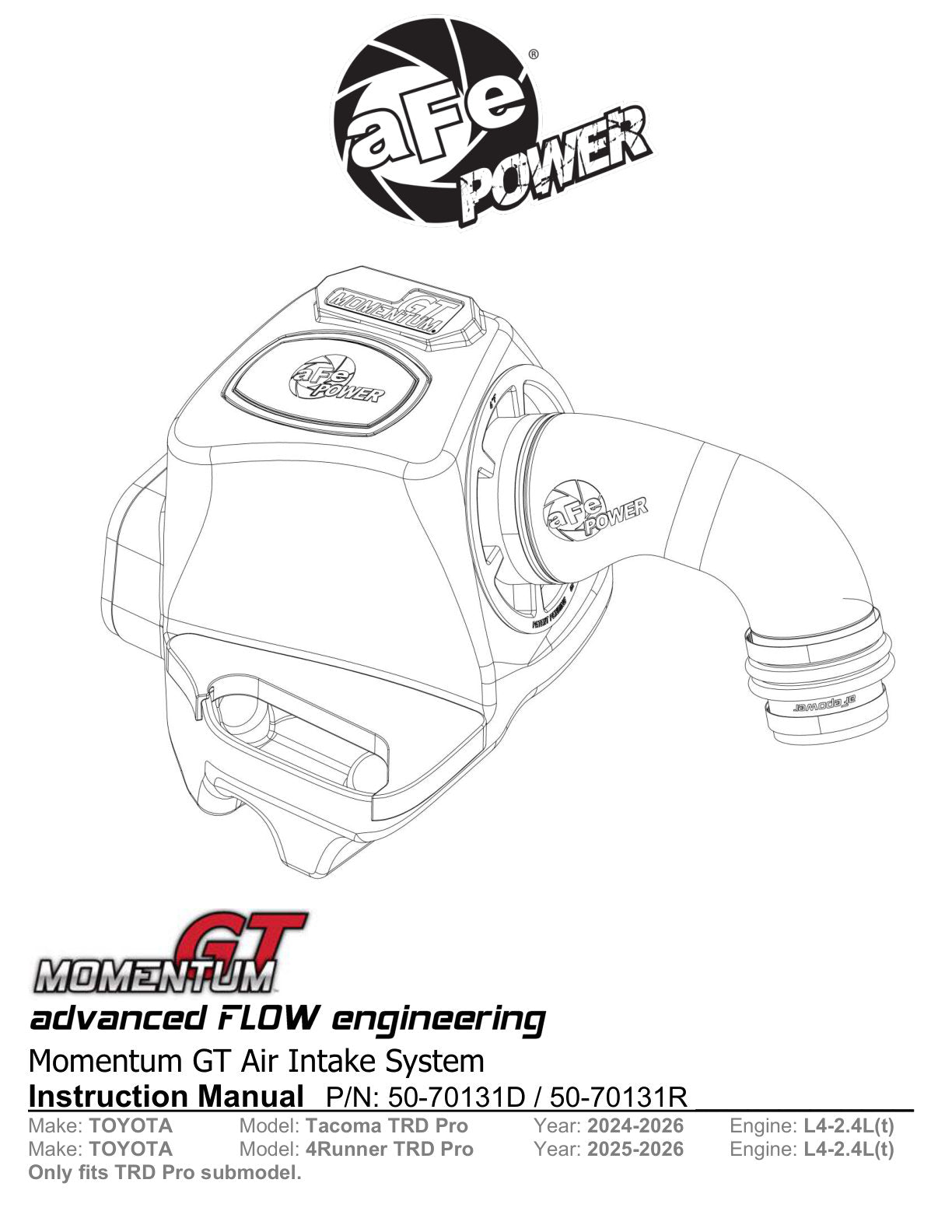 aFe 50-70131D TRD Pro CAI Momentum GT w/Pro DRY S Filter For Tacoma 24-25