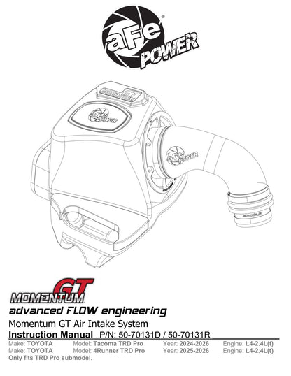 aFe 50-70131D TRD Pro CAI Momentum GT w/Pro DRY S Filter For Tacoma 24-25