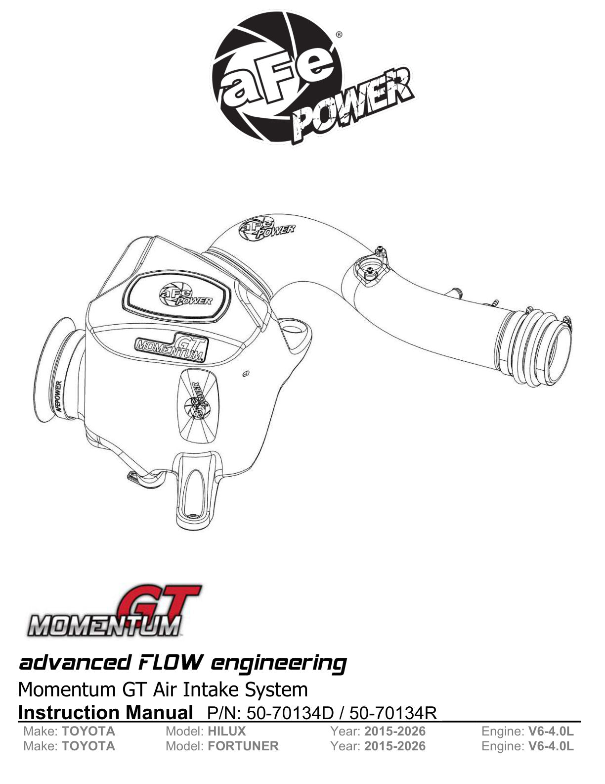 aFe 50-70134D Momentum GT CAI w/ Pro DRY S For Toyota Hilux 15-25 V6-4.0L