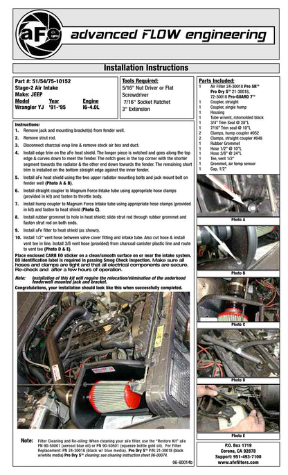 aFe Magnum FORCE Stage-2 Cold Air Intake Jeep YJ 91-95 I6-4.0L (51-10152) w/HW