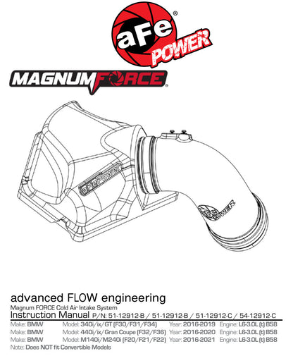 aFe MagnumFORCE Stage-2 Pro DRY S Intake | BMW 340i F30 L6-3.0L B58 2017 (51-12912-C)