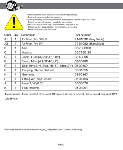 aFe Momentum GT D&S CAI | Challenger/Charger R/T V8 6.4L HEMI (11-15) (51-72203)