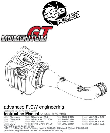aFe Momentum GT PRO DRY S Cold Air Intake System | GM Silverado/Sierra V8-6.2L (15-17) (51-74104)