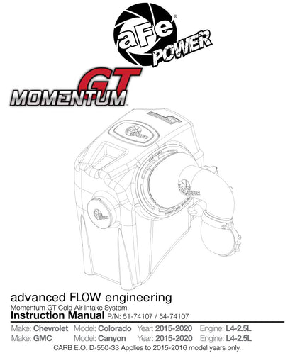 aFe Momentum GT D&S Cold Air Intake | GM Colorado/Canyon L4-2.5L (15-16) (SPF5174107)