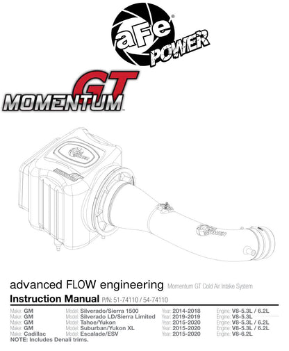 aFe Momentum GT Pro DRY S Cold Air Intake | GM SUV V8 5.3L/6.2L (14-17) (51-74110)