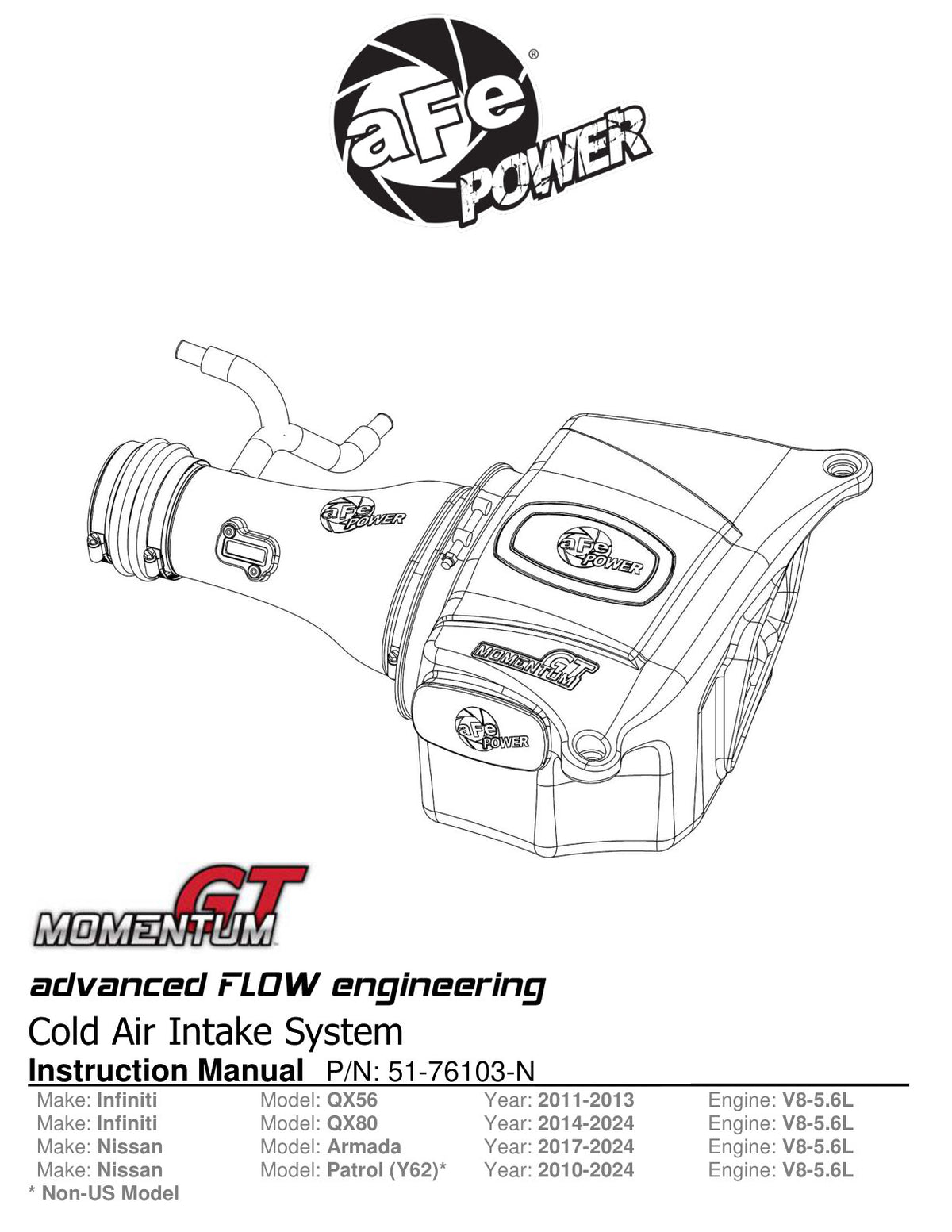 aFe Momentum Sealed Intake Nissan Armada/Patrol/Infiniti QX80/56 (51-76103-N)