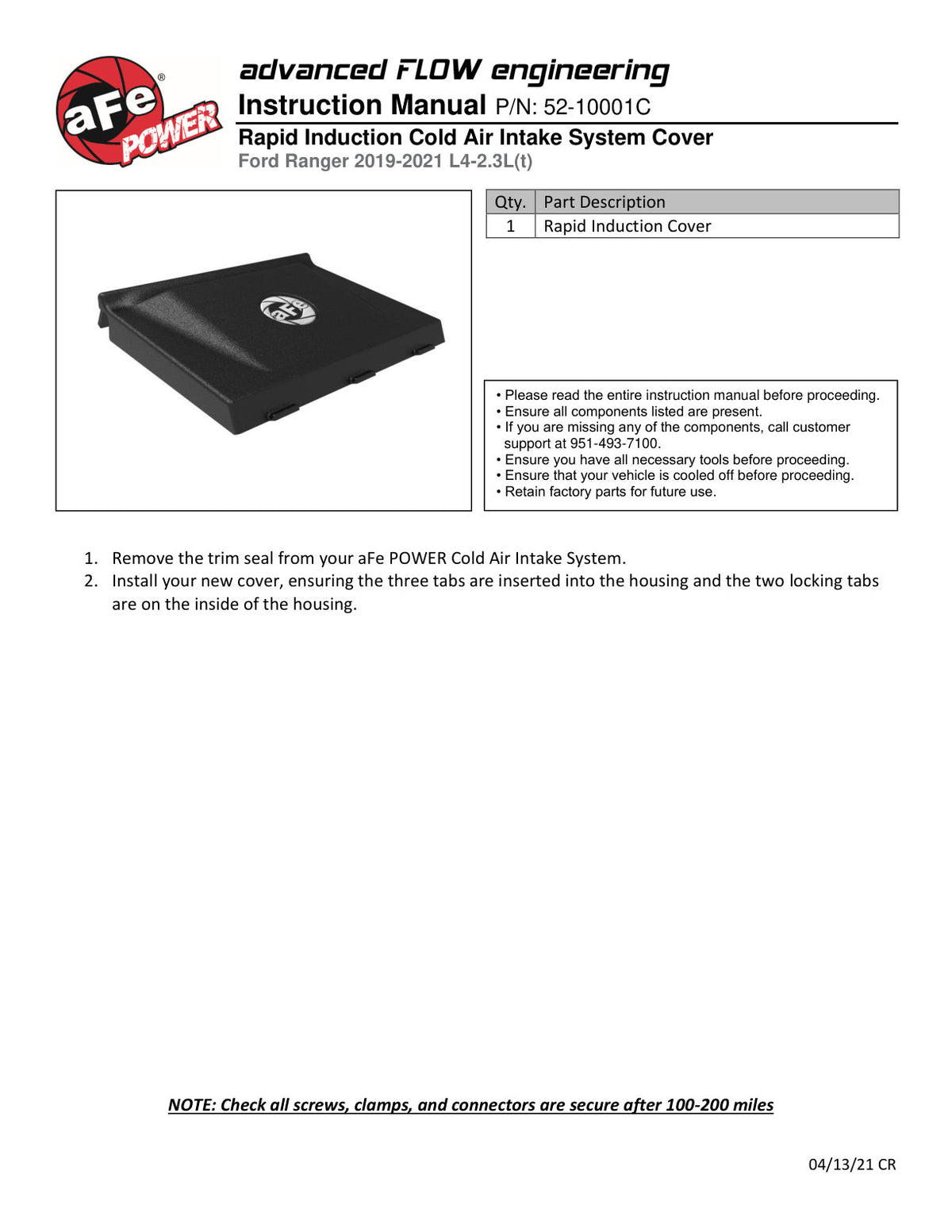 aFe Intake Cover for Rapid Induction Cold Air System | Ford Ranger L4 2.3L 2019-21 (52-10001C)