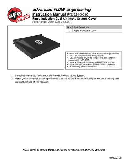 aFe Intake Cover for Rapid Induction Cold Air System | Ford Ranger L4 2.3L 2019-21 (52-10001C)