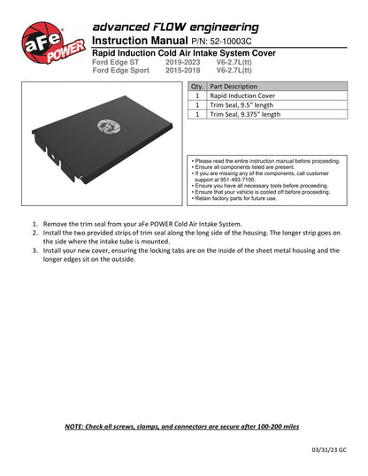 aFe Rapid Induction Intake System Cover, Black, 19-20 Ford Edge Ecoboost V6 2.7L (tt)
