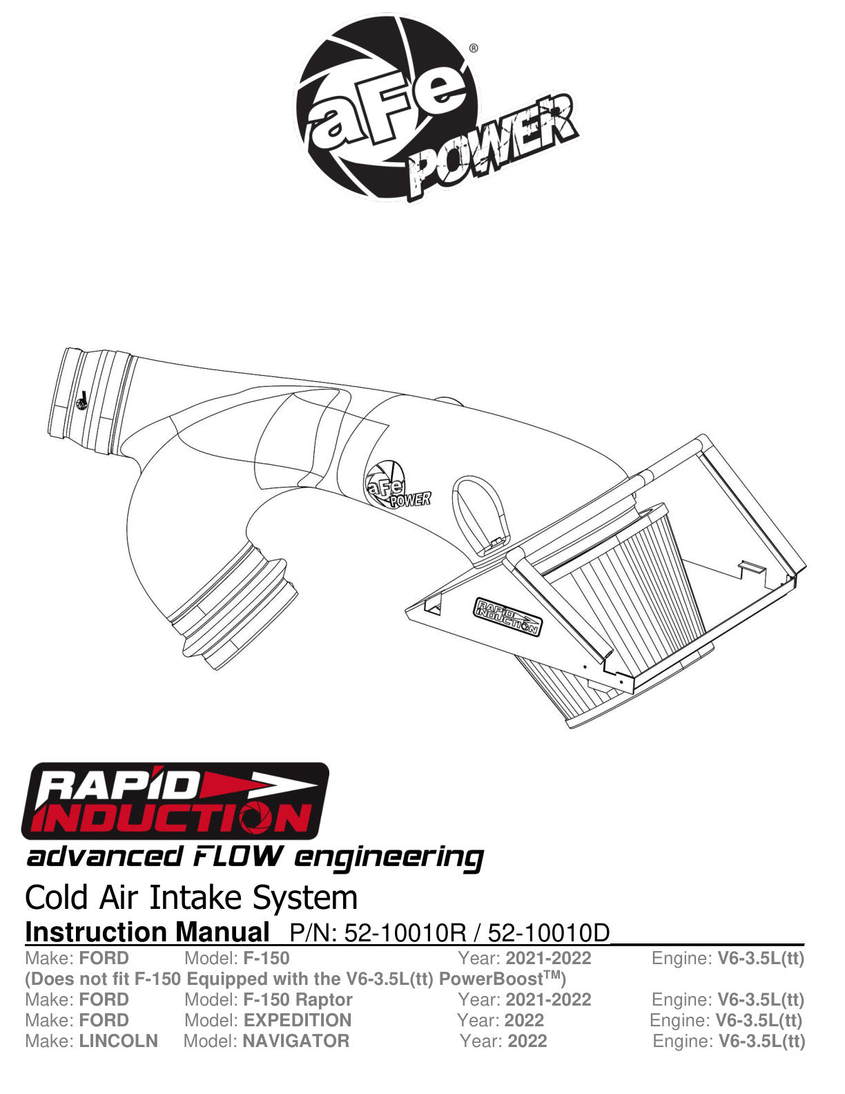 aFe Rapid Induction Cold Air Intake w/ Pro DRY S Filter | Ford F-150 V6 3.5L (21+) (52-10010D)