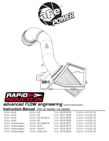 aFe 52-10020R Cold Air Intake System for 2015-20 Audi S3 / 15-21 GTI / 19-25 GLI