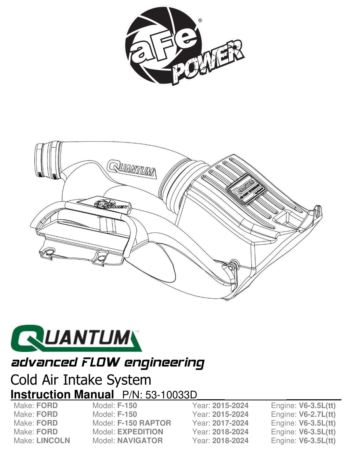 aFe Quantum Cold Air Intake w/ Pro DRY S Filter | Ford F-150 EcoBoost V6 2.7L/3.5L (15-24) (53-10033D)
