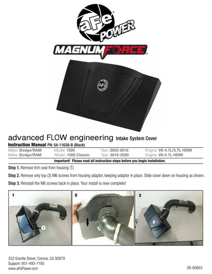 aFe MagnumFORCE Stage-2 Intake Cover | Dodge RAM V8 4.7L/5.7L (02-14) (54-11638-B)