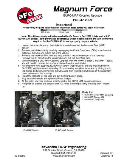 aFe Euro MAF Intake Tube Upgrade | BMW M3 3.2L (96-99) (54-12399)