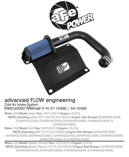 aFe Magnum FORCE Stage-2 Cold Air Intake F&R | VW Jetta/Golf/Passat/Beetle 2.5L (09-14) (54-12492)
