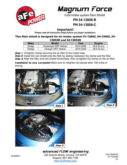 aFe MagnumFORCE Intake Rain Shield | Dodge Challenger SRT Hellcat 6.2L (15-16) (54-12808-B)