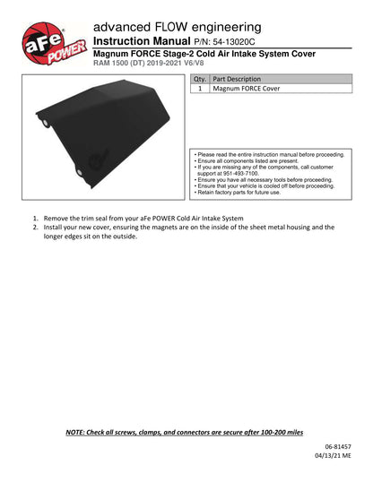 aFe Magnum FORCE Stage-2 Intake Cover 19-21 RAM 1500 Fits Intakes 54-13020D/R Or 52-10002D/R