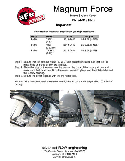 aFe Intake System Cover, Black | BMW 335i/xi E9x 3.0L N55 (54-31918-B)
