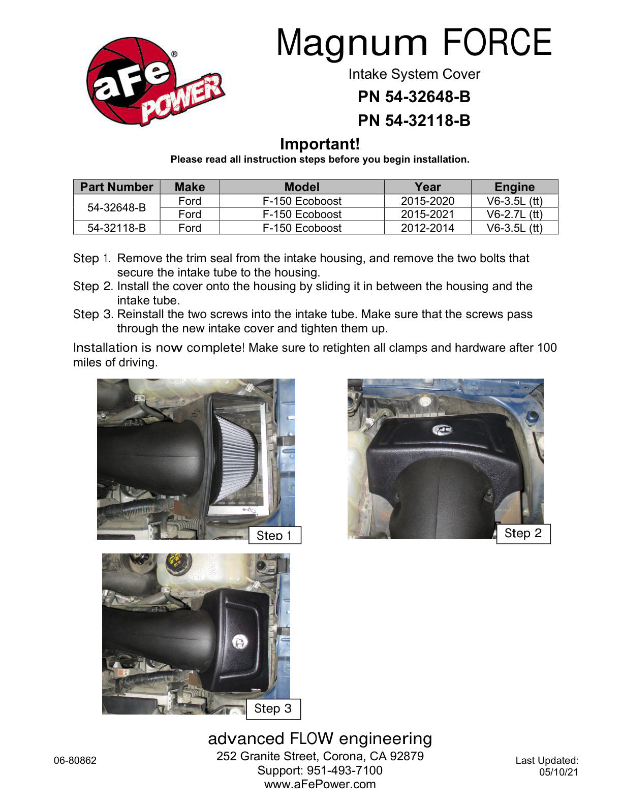 aFe MagnumFORCE Intake Cover Black | Ford F-150 Ecoboost V6 2.7L/3.5L 2015 (54-32648-B)