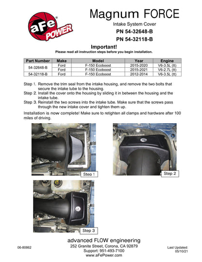 aFe MagnumFORCE Intake Cover Black | Ford F-150 Ecoboost V6 2.7L/3.5L 2015 (54-32648-B)