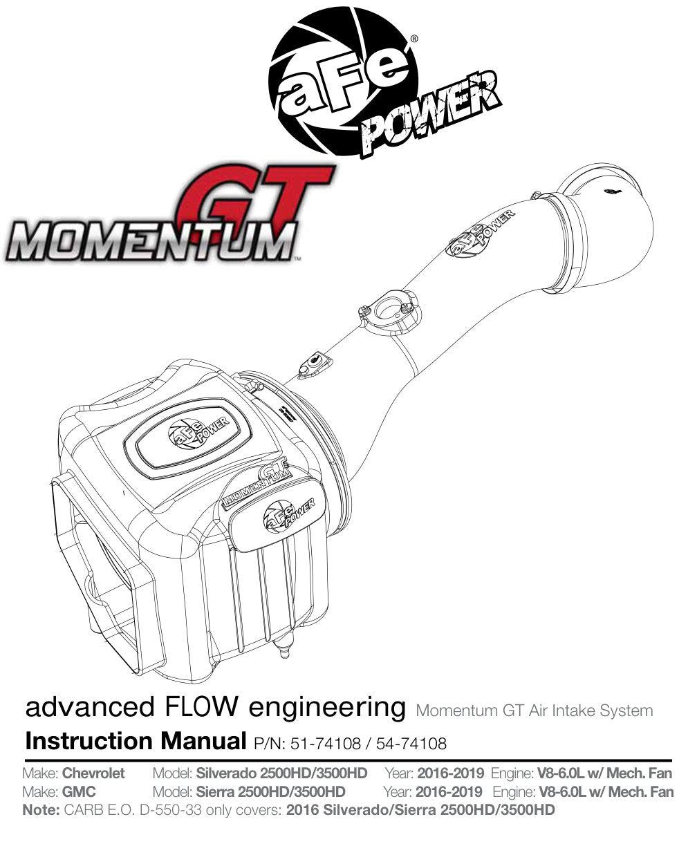 aFe Momentum GT Cold Air Intake w/ Pro 5R | GM Silverado HD/Sierra HD V8-6.0L (16) (54-74108)