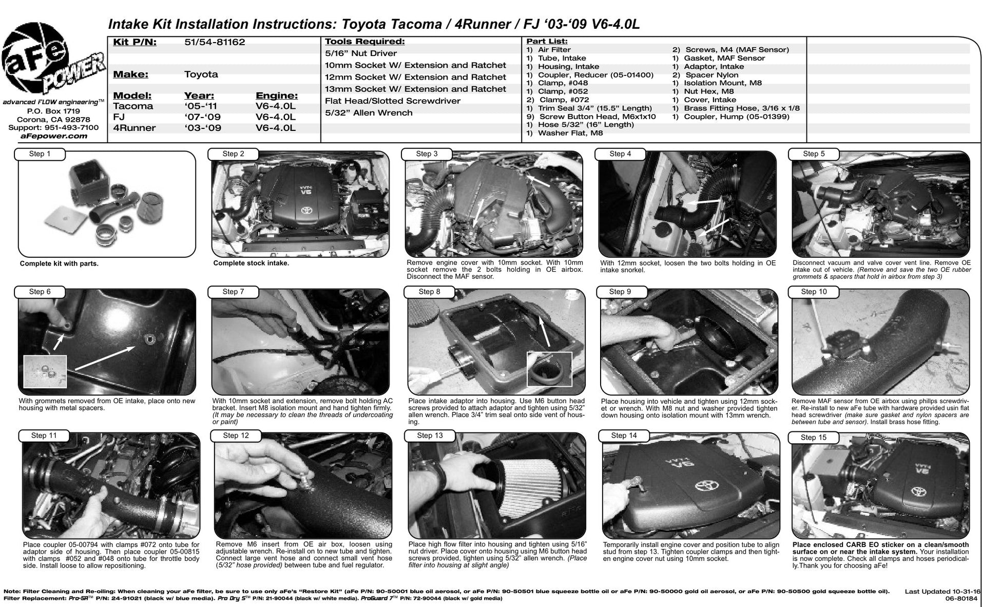aFe MagnumFORCE Stage-2 P5R AIS Intake | Toyota FJ/Tacoma/4Runner V6 4.0L (03-11) (54-81162)